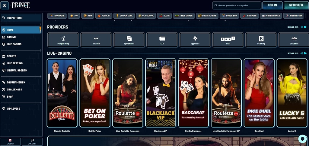 Prince Casino Interface CA